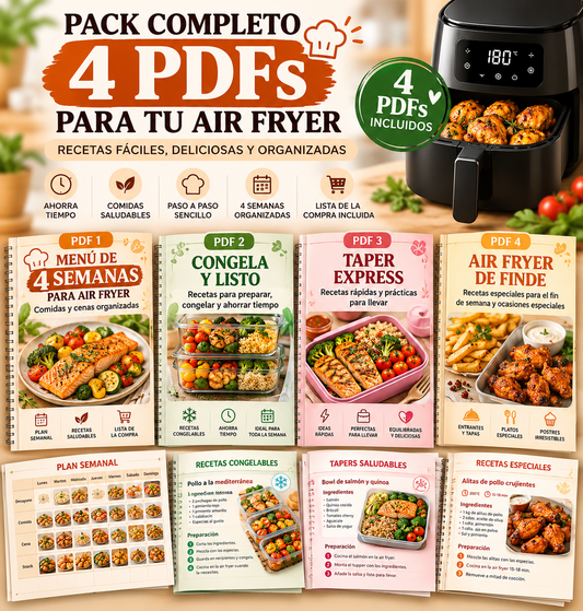 🍽️ PACK AIR FRYER COMPLETO | Menú de 4 Semanas + 4 Bonos Exclusivos 🎁